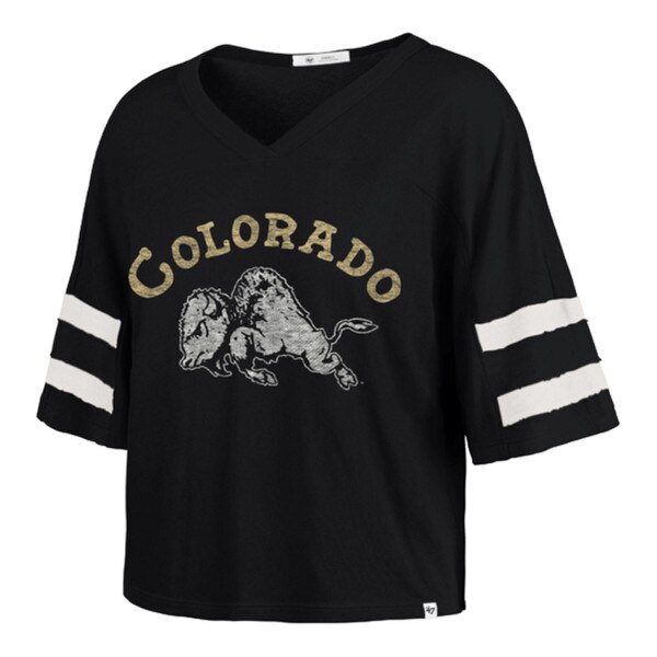 Black v-neck Colorado Buffaloes women's shirt with vintage buffalo graphic, gold “COLORADO” text, and white sleeve stripes